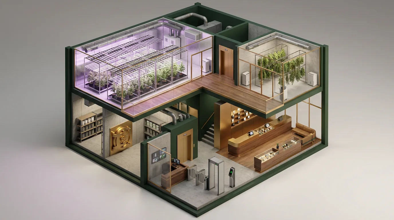 3D-Aufbau einer Cannabis-Social-Club-Anlage: Anbau, Trocknung, Lager, Abgabe, Sicherheit